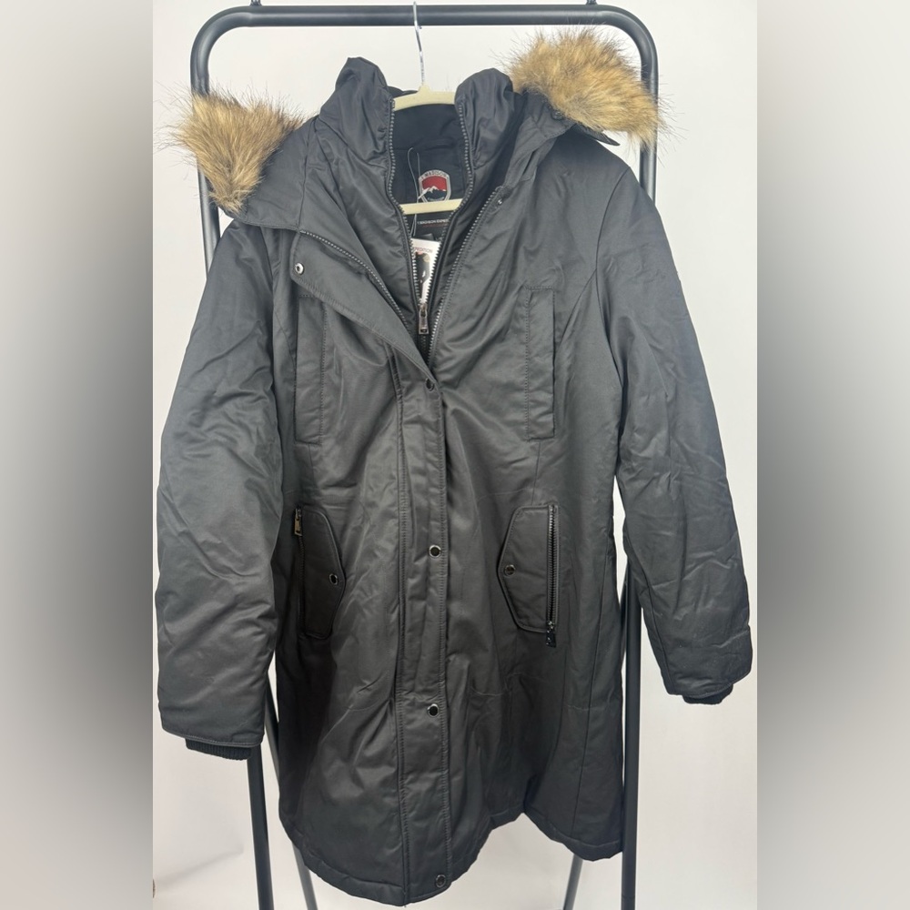 1 Madison Expedition Faux Fur Hooded Parka Coat Black L NWT F51 - Picture 4 of 9